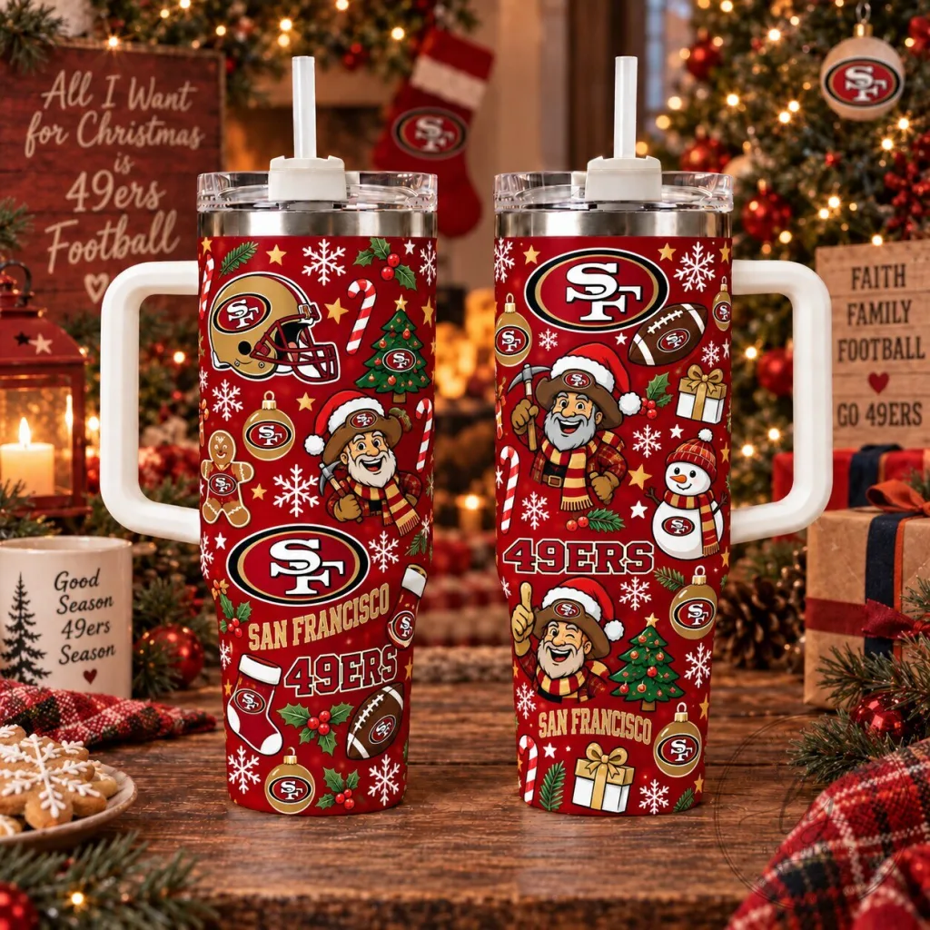 San Francisco 49ers Christmas Football Fan Tumbler with Handle San Francisco 49ers Christmas Football Fan Tumbler with Handle