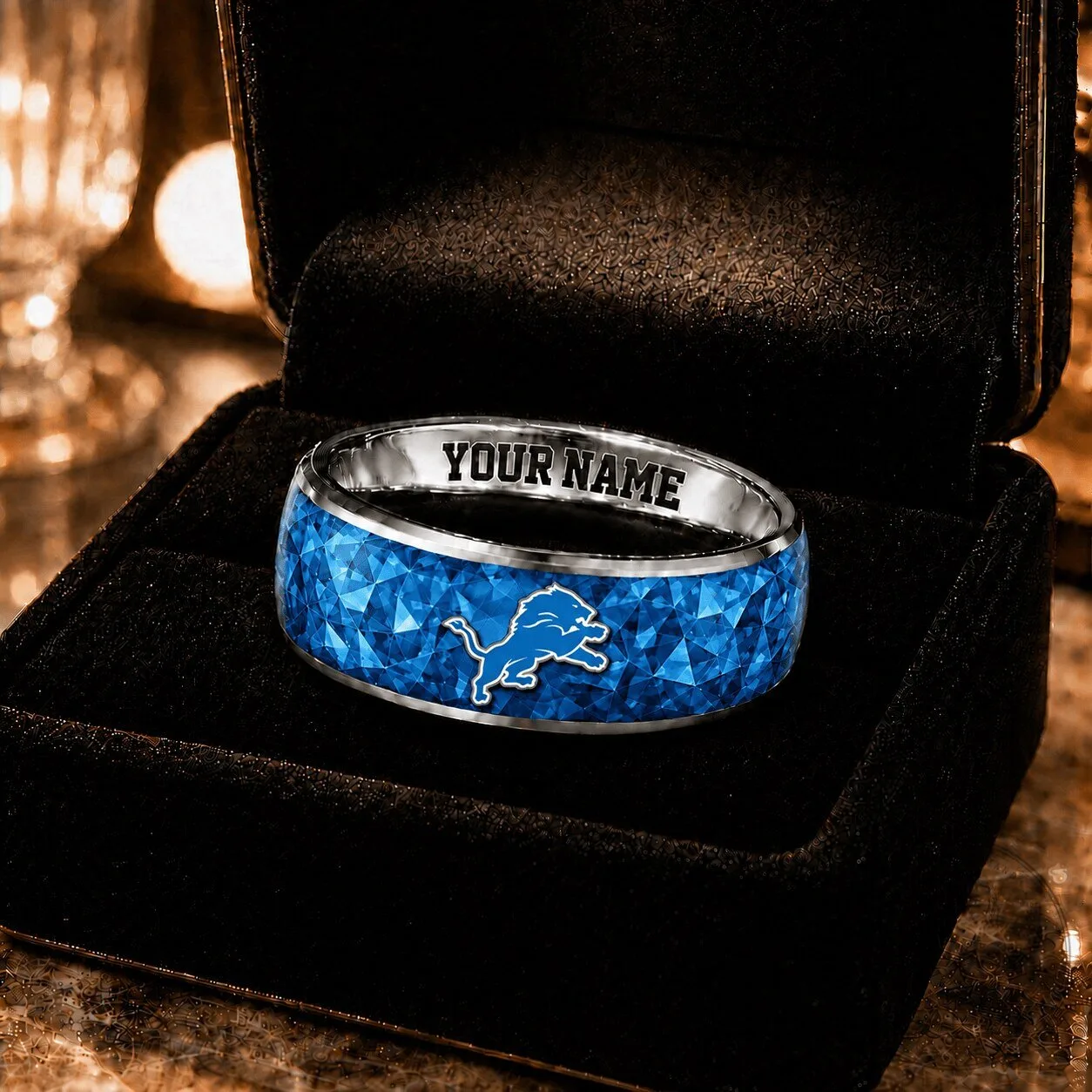 Detroit Lions Fan Custom Engraved Blue Gemstone Ring