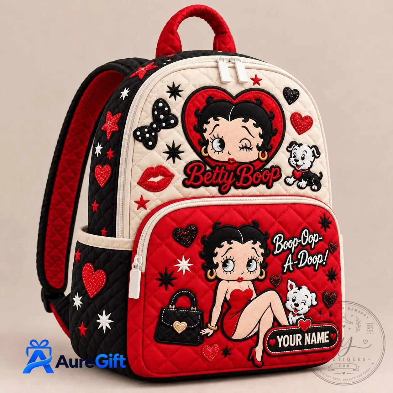 Betty Boop Quilted Backpack with Personalized Name and Cartoon Character Design