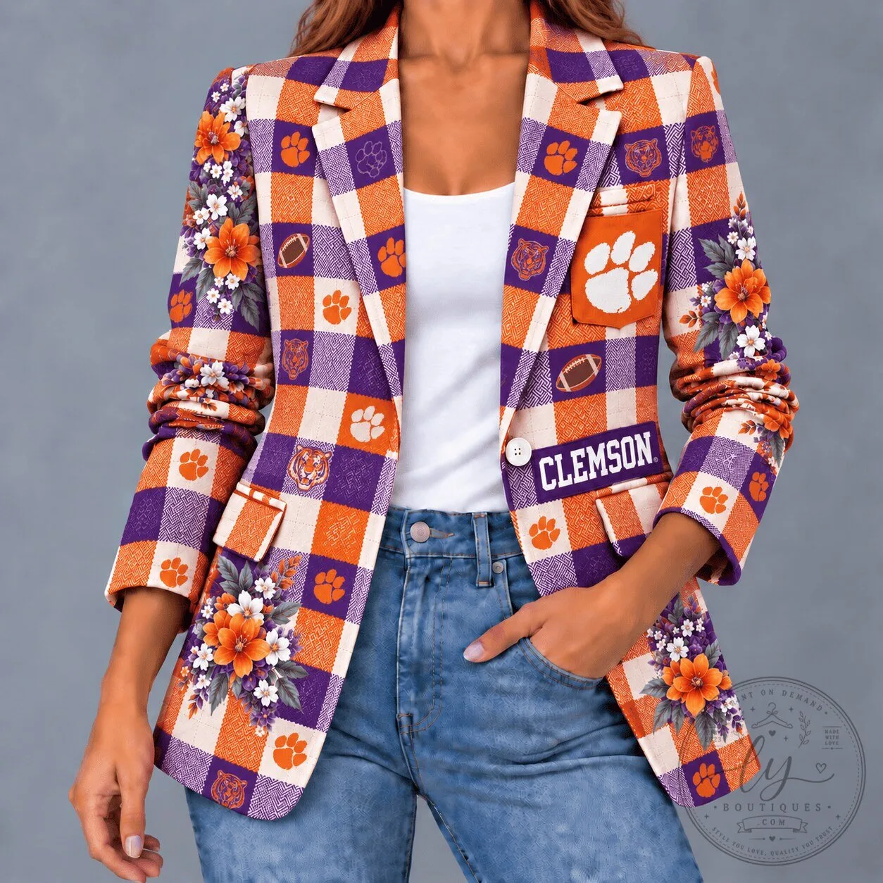Clemson Tigers Football Game Day Floral Plaid Women's Blazer Jacket