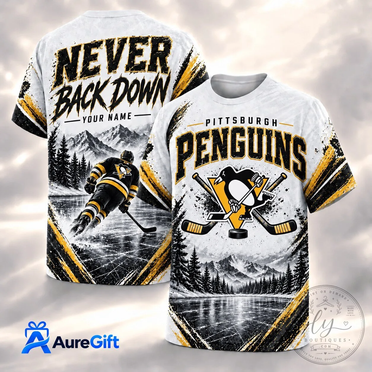 Pittsburgh Penguins Hockey 1D Fan T-Shirt Personalized Never Back Down Design