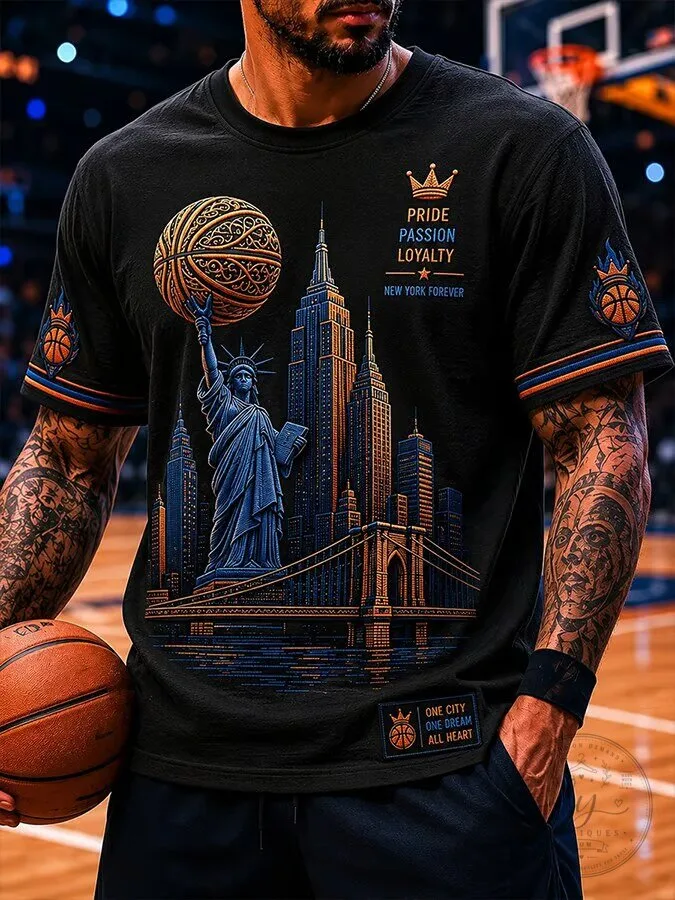 New York Forever Basketball Fan Shirt with Statue of Liberty and Skyline Graphic