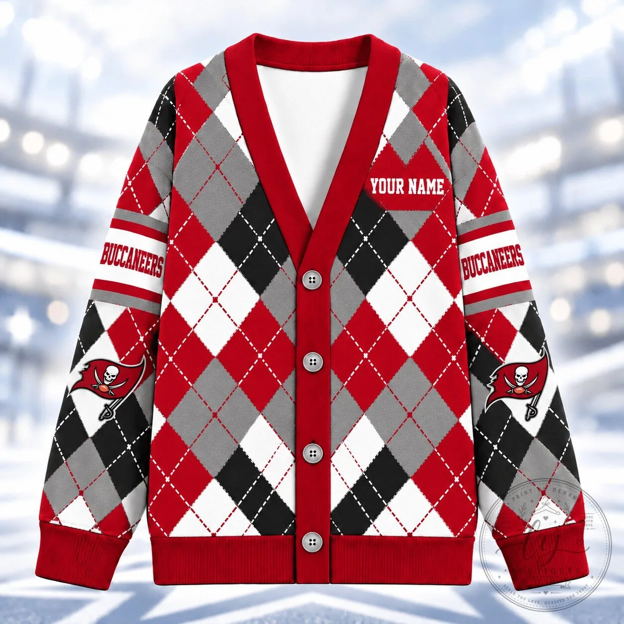 Tampa Bay Buccaneers Argyle Pattern Custom Name Red Knitted Cardigan