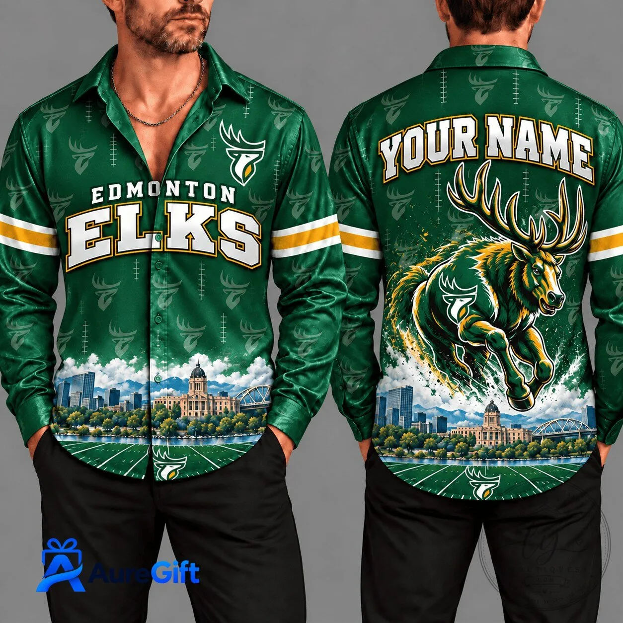 Edmonton Elks CFL Personalized Long Sleeve Button Down Shirt