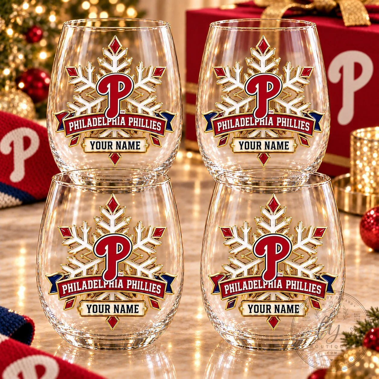 Philadelphia Phillies Christmas Snowflake Personalized Stemless Wine Glass Set