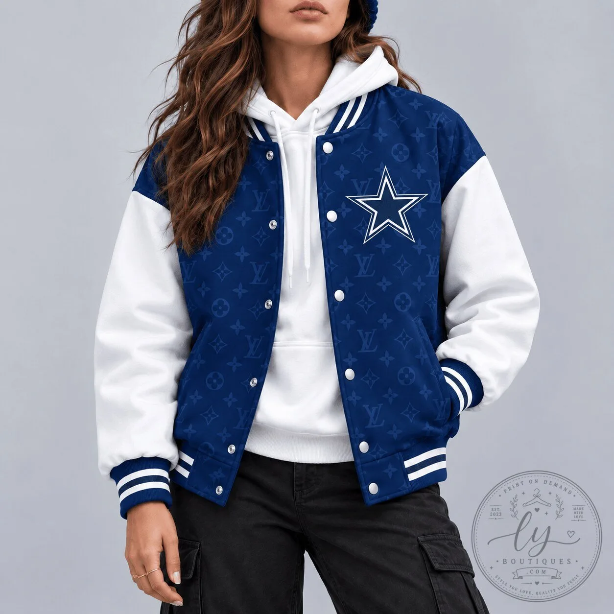 Dallas Cowboys Louis Vuitton Pattern Blue and White Varsity Jacket
