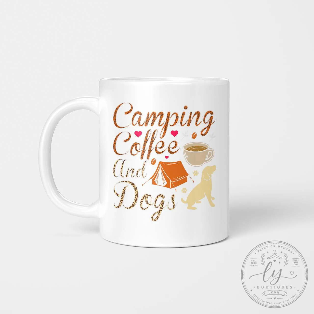 White Ceramic Mug for Lovers of Camping, Coffee, and Dogs