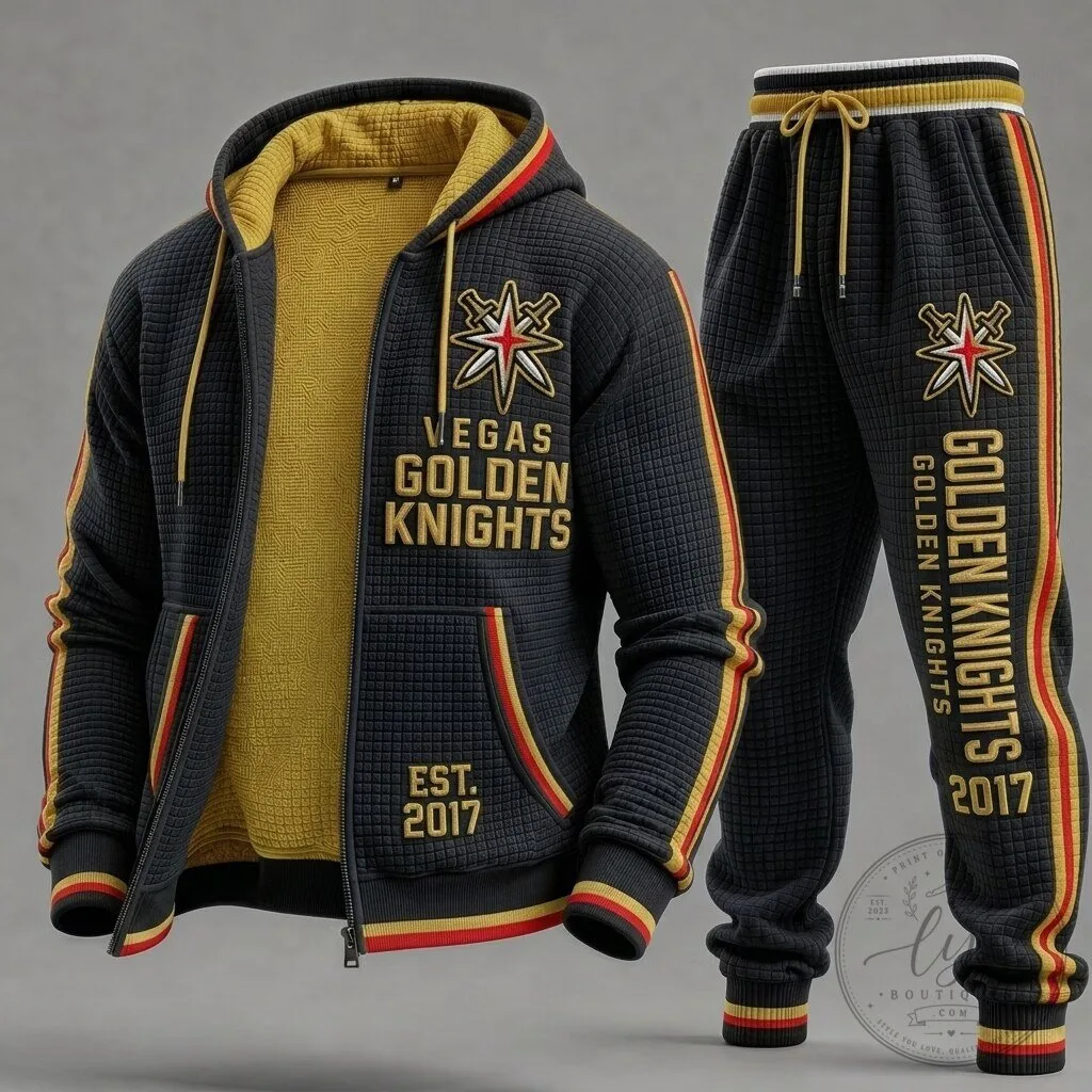 Vegas Golden Knights Waffle Textured Zip-Up Hoodie and Sweatpants Tracksuit Set