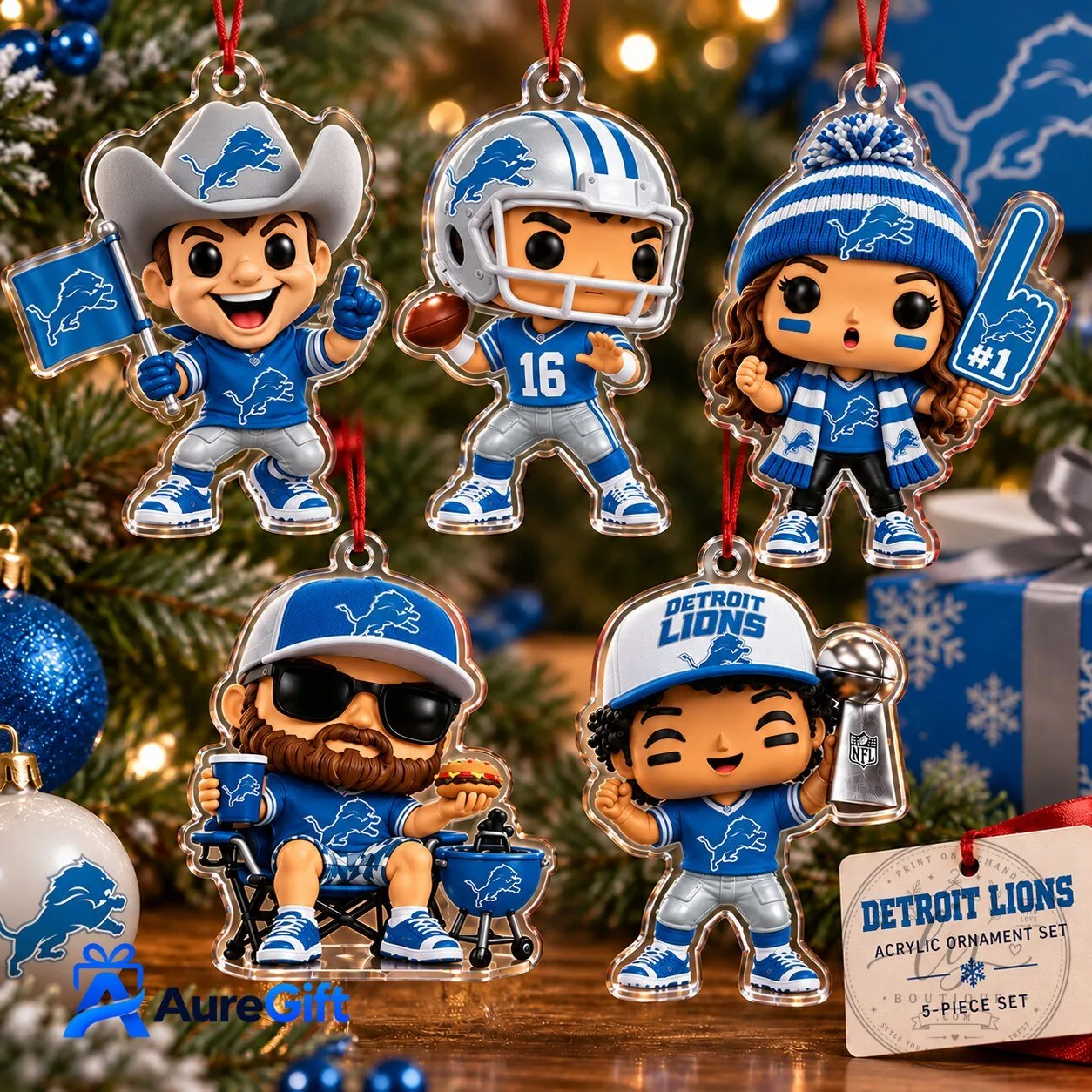 Detroit Lions Christmas Tree Ornament Set of Five Acrylic Figurines