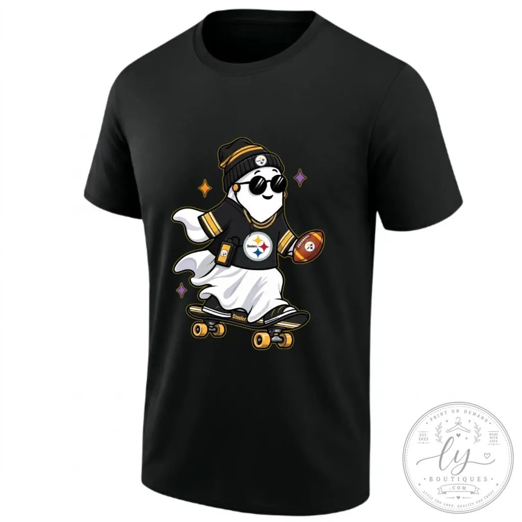 Pittsburgh Steelers Skater Ghost Holding Football Halloween T-Shirt Pittsburgh Steelers Skater Ghost Holding Football Halloween T-Shirt