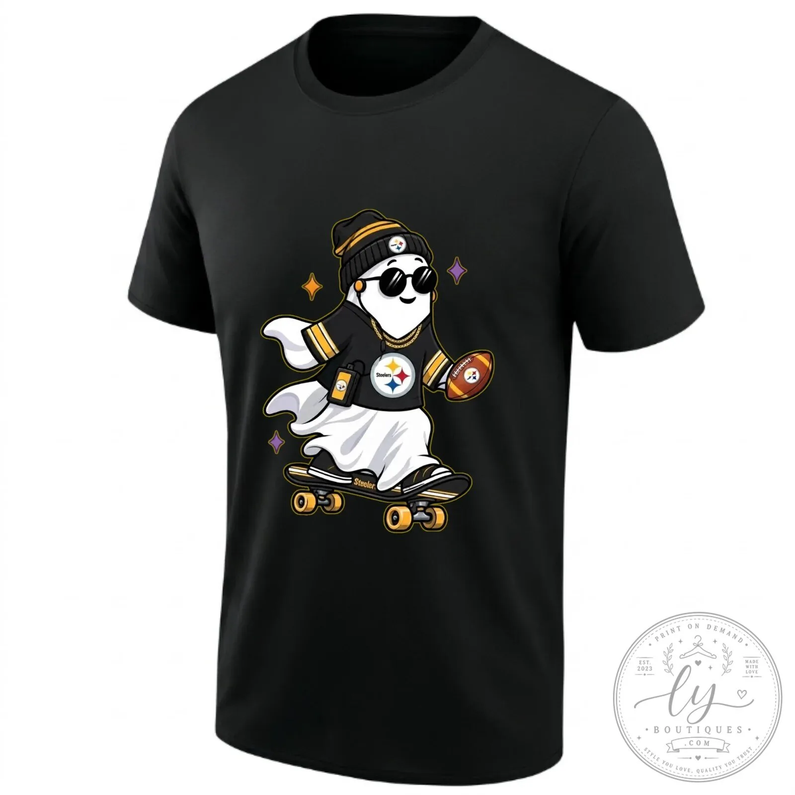 Pittsburgh Steelers Skater Ghost Holding Football Halloween T-Shirt 2 Pittsburgh Steelers Skater Ghost Holding Football Halloween T-Shirt