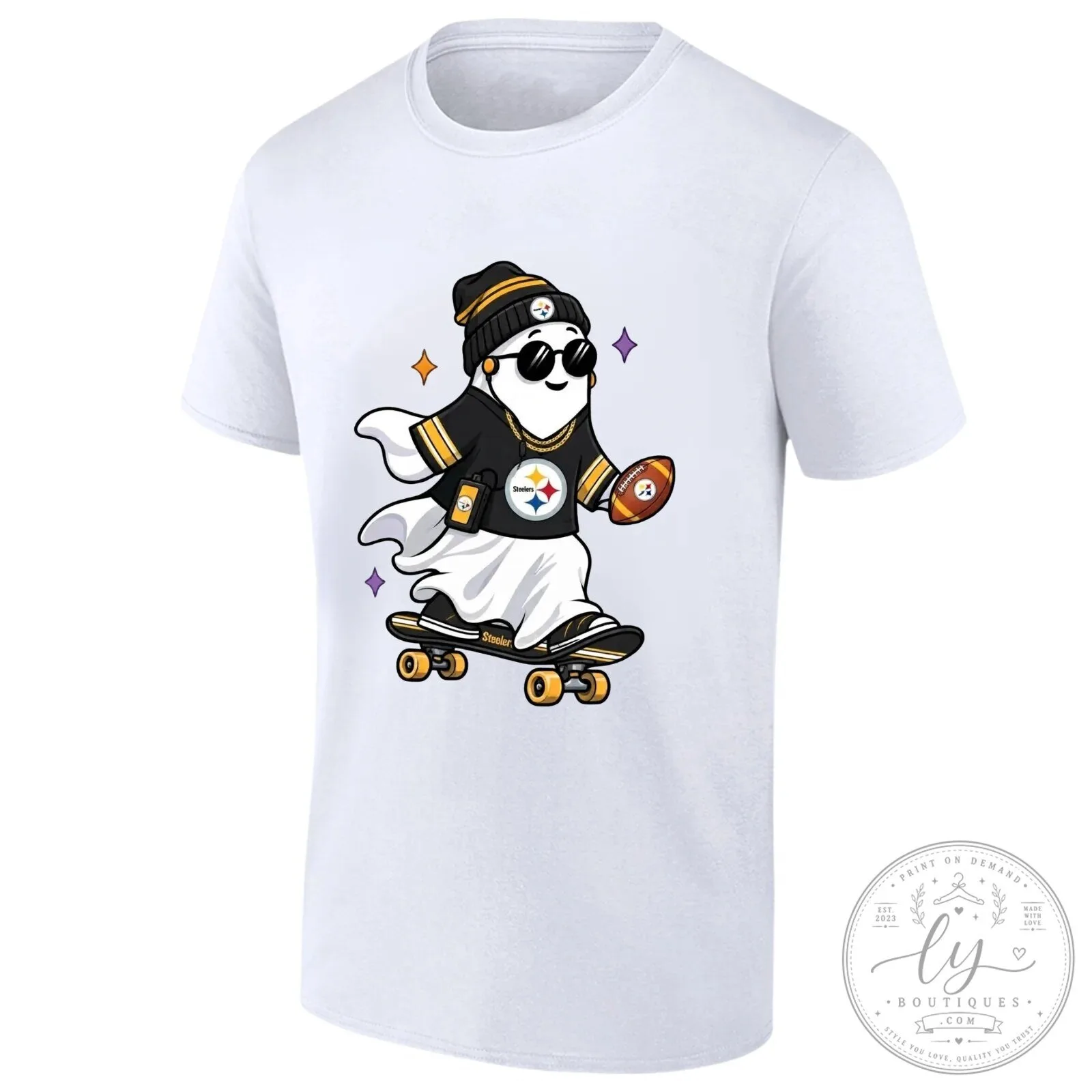 Pittsburgh Steelers Skater Ghost Holding Football Halloween T-Shirt 11 Pittsburgh Steelers Skater Ghost Holding Football Halloween T-Shirt