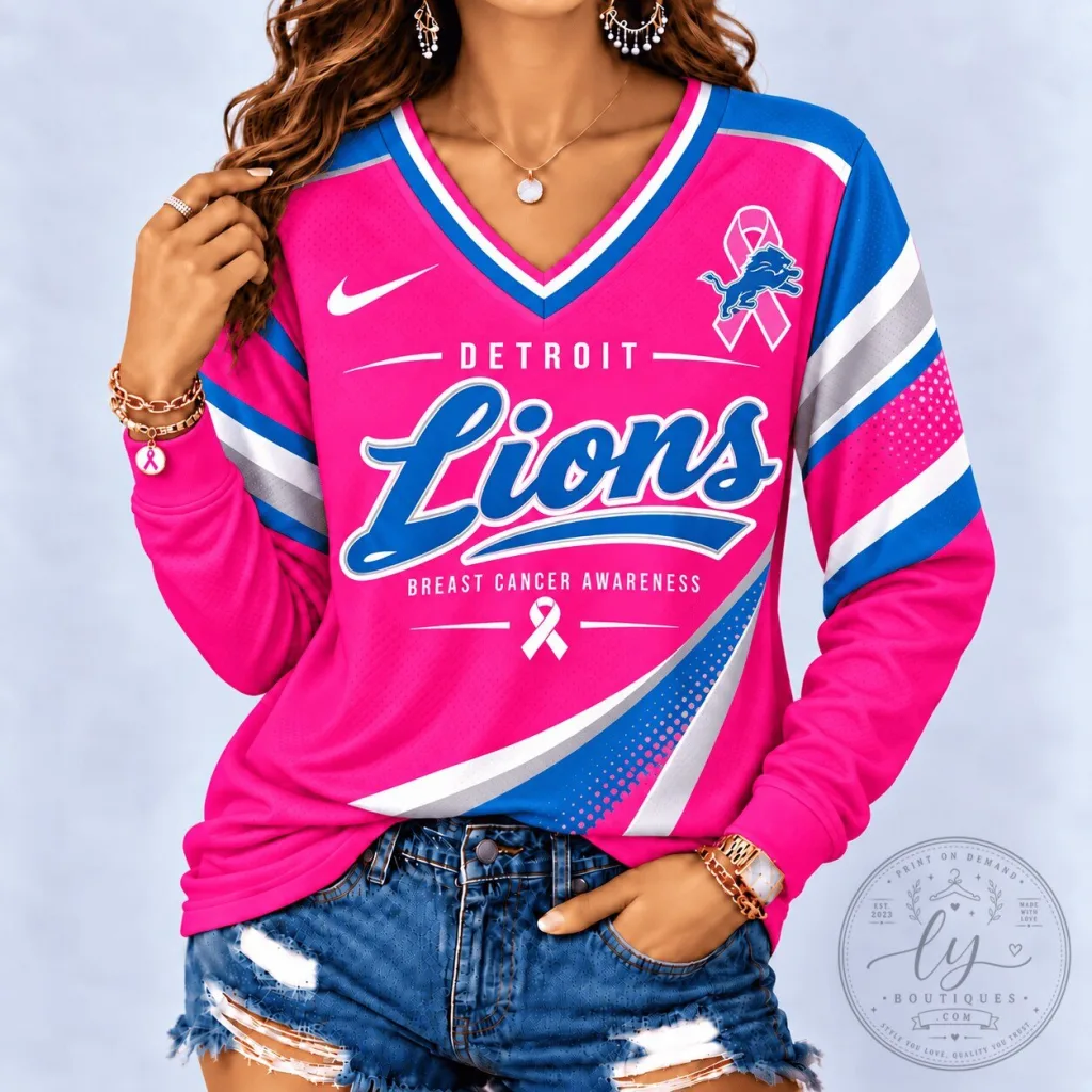 Detroit Lions Breast Cancer Awareness Pink Long Sleeve V-Neck Shirt Detroit Lions Breast Cancer Awareness Pink Long Sleeve V-Neck Shirt