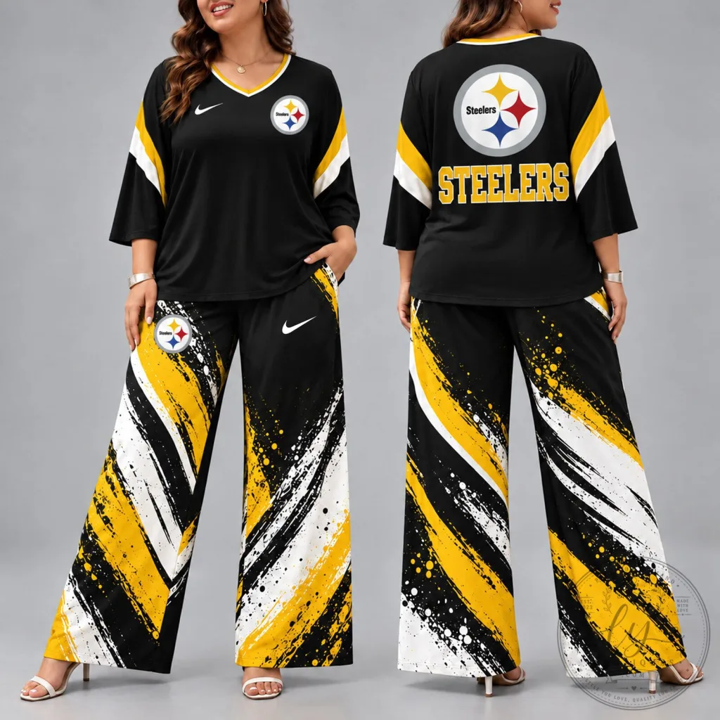 Pittsburgh Steelers NFL Game Day Spirit V-Neck Shirt and Wide Leg Pants Set Pittsburgh Steelers NFL Game Day Spirit V-Neck Shirt and Wide Leg Pants Set