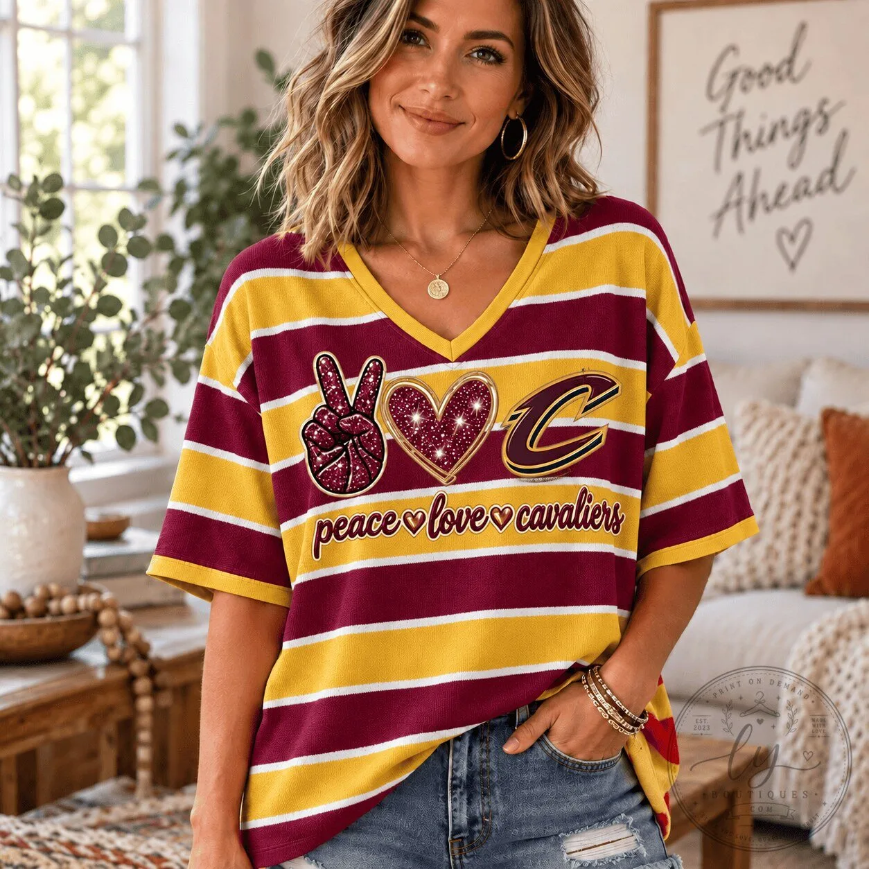 Cleveland Cavaliers Peace Love Cavaliers Women's V-Neck T-Shirt