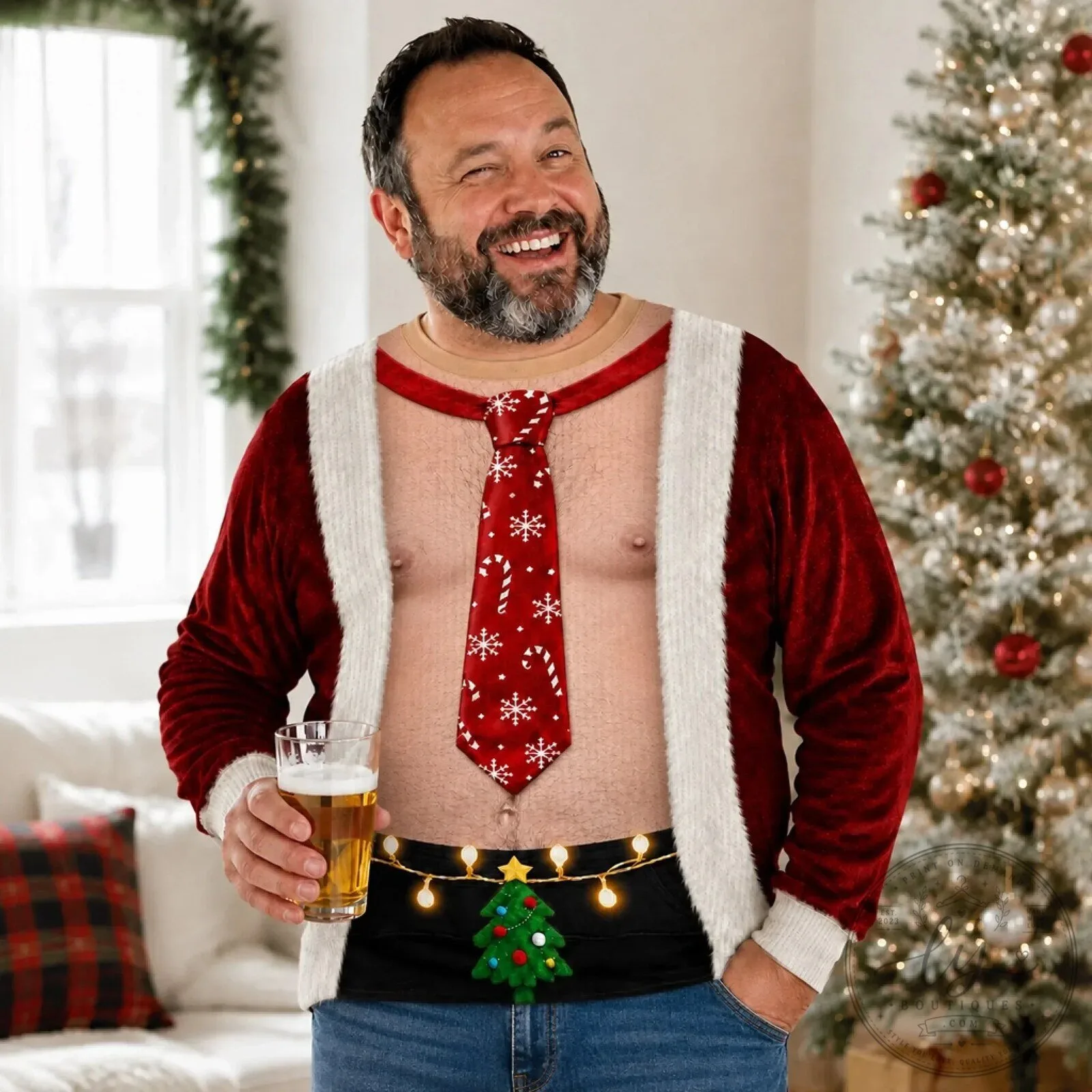 Funny Christmas Santa Costume Ugly Sweater with Tie and Christmas Lights