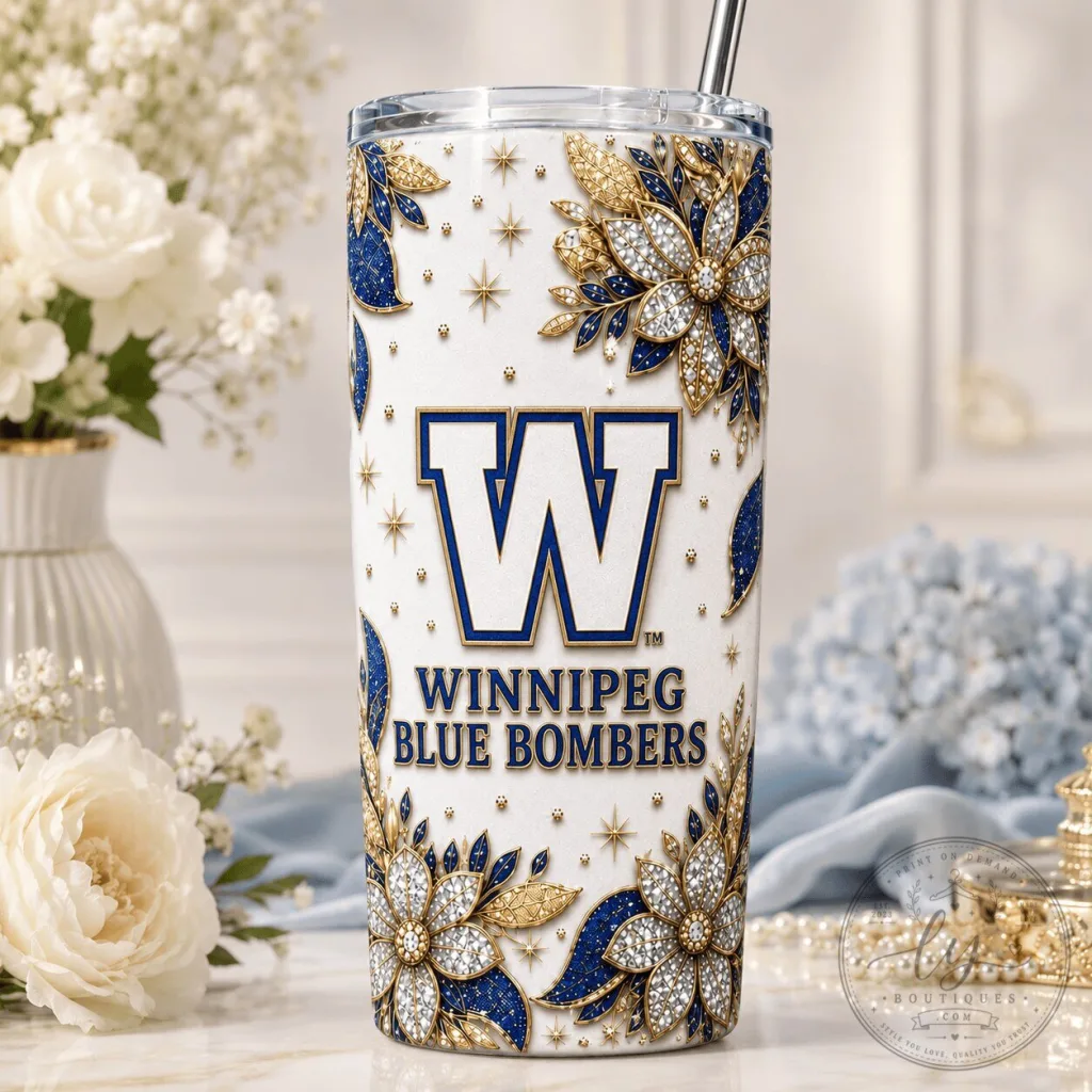 Winnipeg Blue Bombers Football Team Logo White Floral Pattern Tumbler Winnipeg Blue Bombers Football Team Logo White Floral Pattern Tumbler