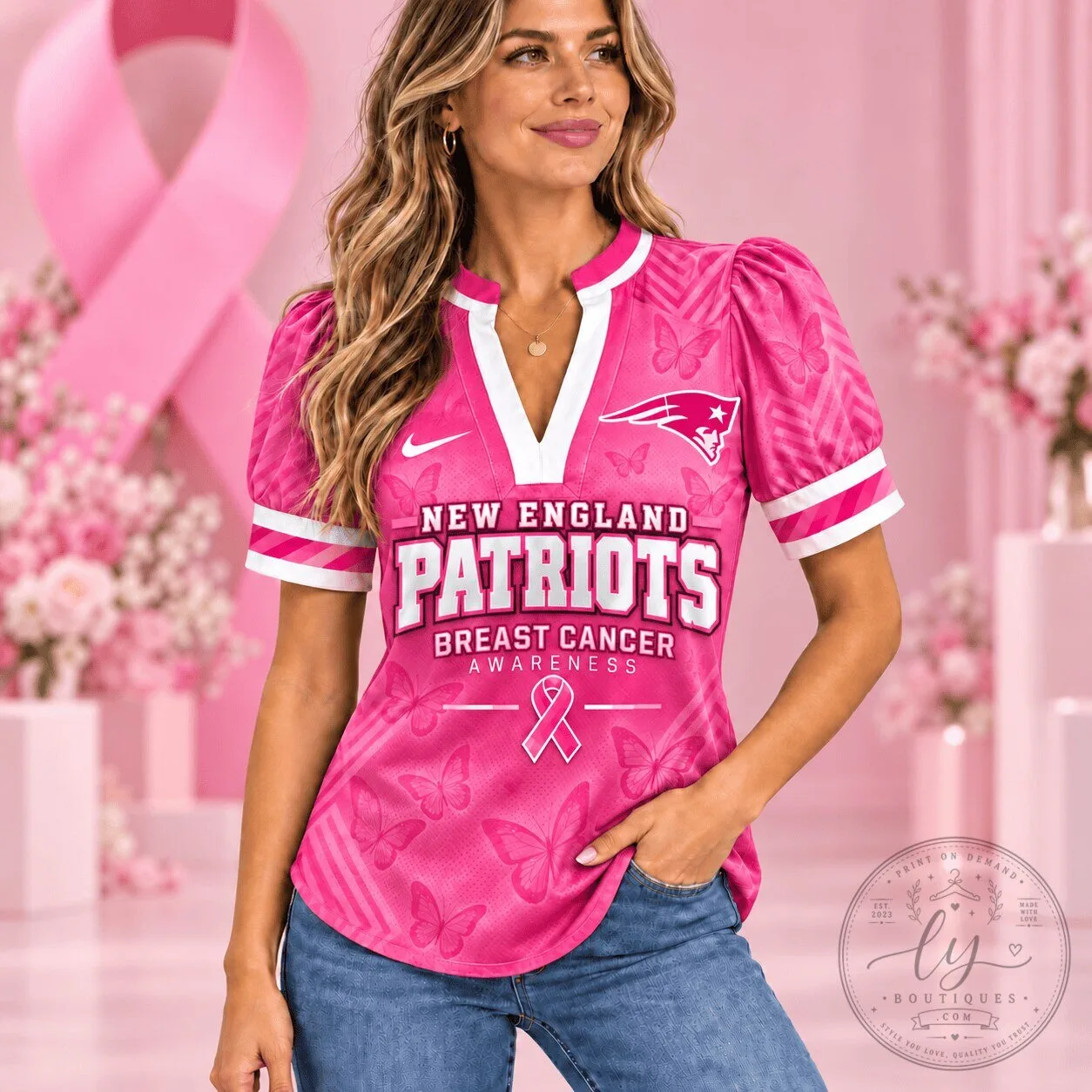 New England Patriots Breast Cancer Awareness Pink Butterfly Women's V-Neck T-Shirt