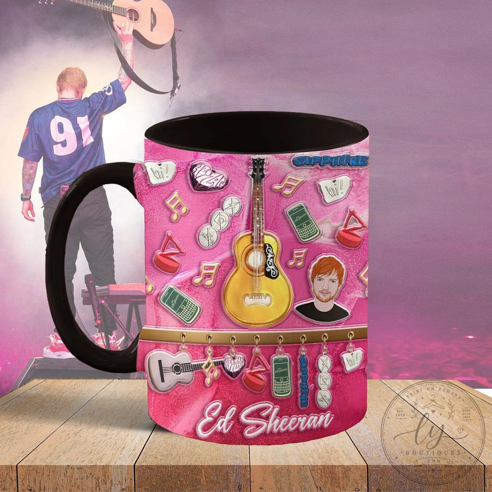 Ed Sheeran Sapphire Album Inspired Pink Guitar Music Notes Coffee Mug