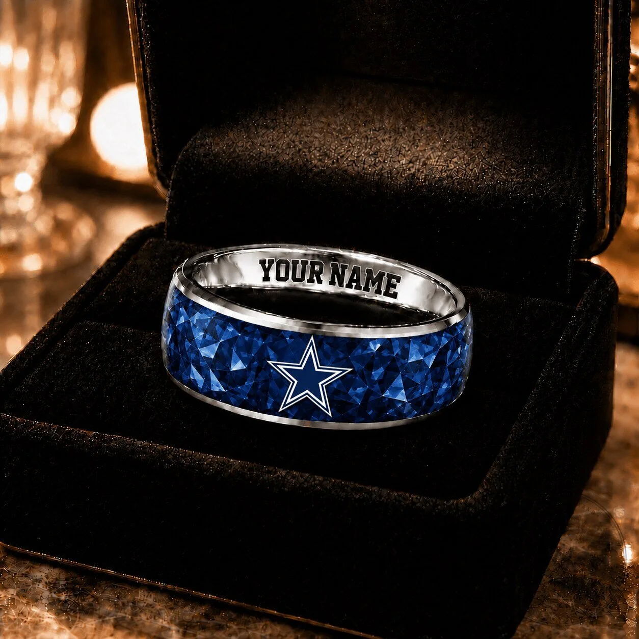 Dallas Cowboys NFL Custom Name Blue Gemstone Ring for Football Fans