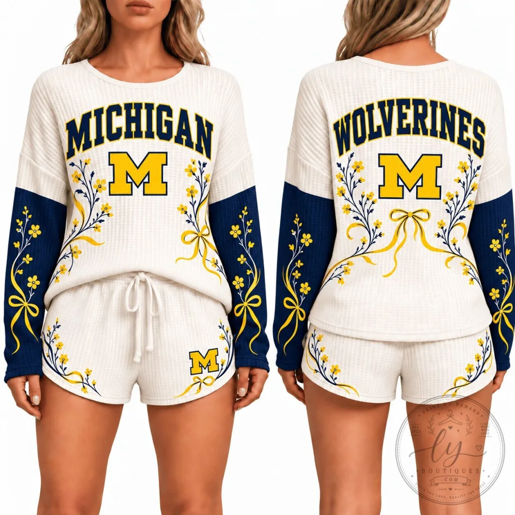 Michigan Wolverines Floral Waffle Knit Pajamas Set for Women 13 Michigan Wolverines Floral Waffle Knit Pajamas Set for Women