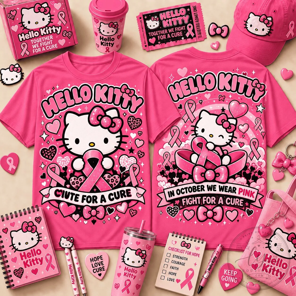 Hello Kitty Pink Ribbon Breast Cancer Awareness T-Shirt