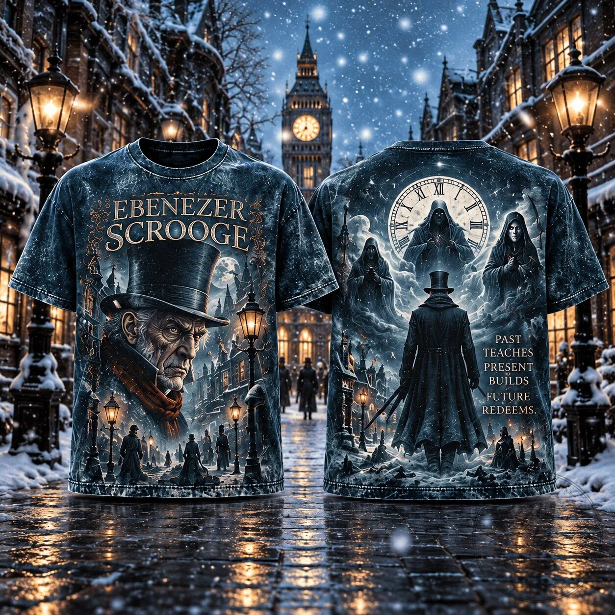 Ebenezer Scrooge A Christmas Carol Ghosts of Christmas Past Present Future T-Shirt
