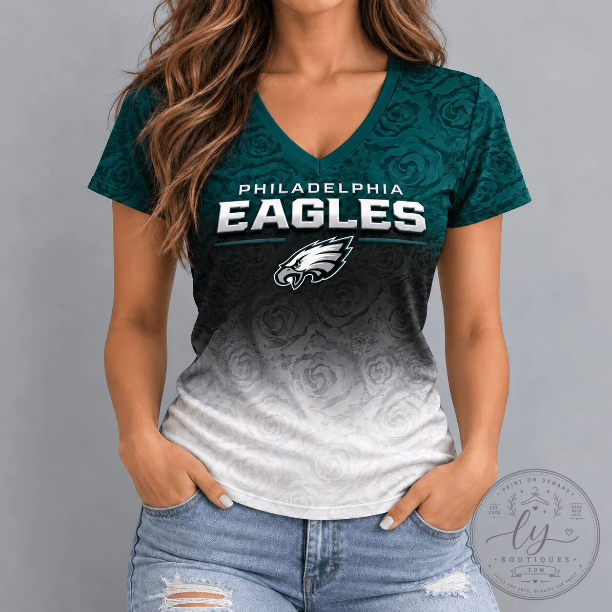 Philadelphia Eagles Rose Ombre Pattern Women's V-Neck T-Shirt