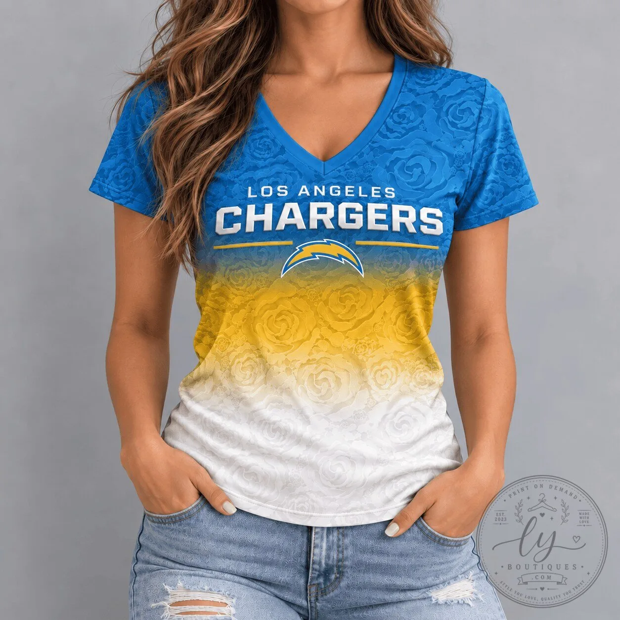 Los Angeles Chargers Women's Rose Ombre V-Neck T-Shirt