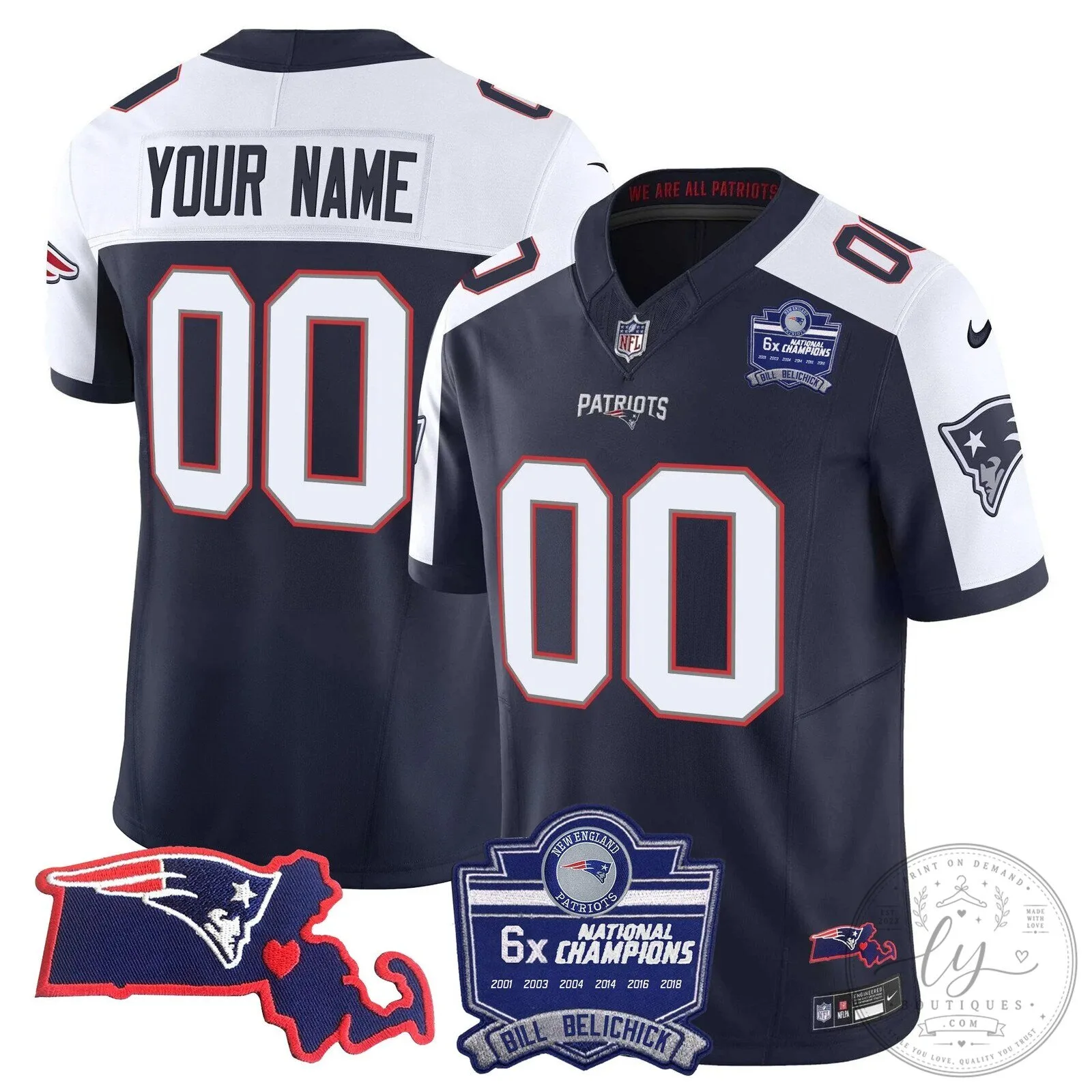 Bill Belichick New England Patriots Six-Time Champions Custom Football Jersey