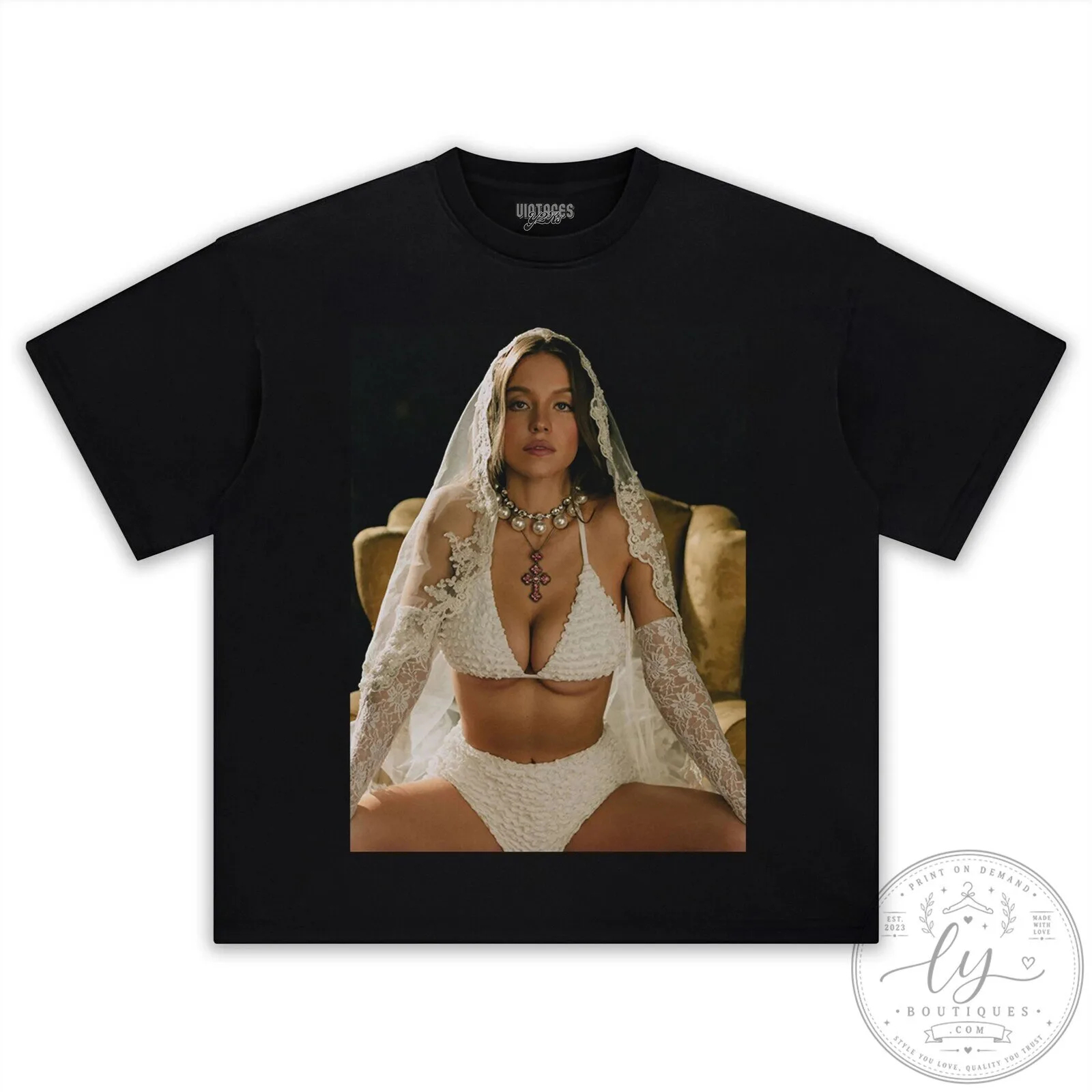 Sydney Sweeney White Lace Bikini and Veil Portrait T-Shirt