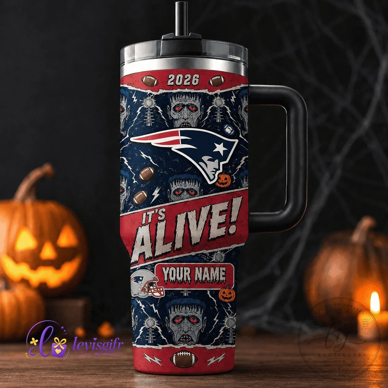 New England Patriots Halloween Frankenstein Monster Personalized Tumbler with Handle