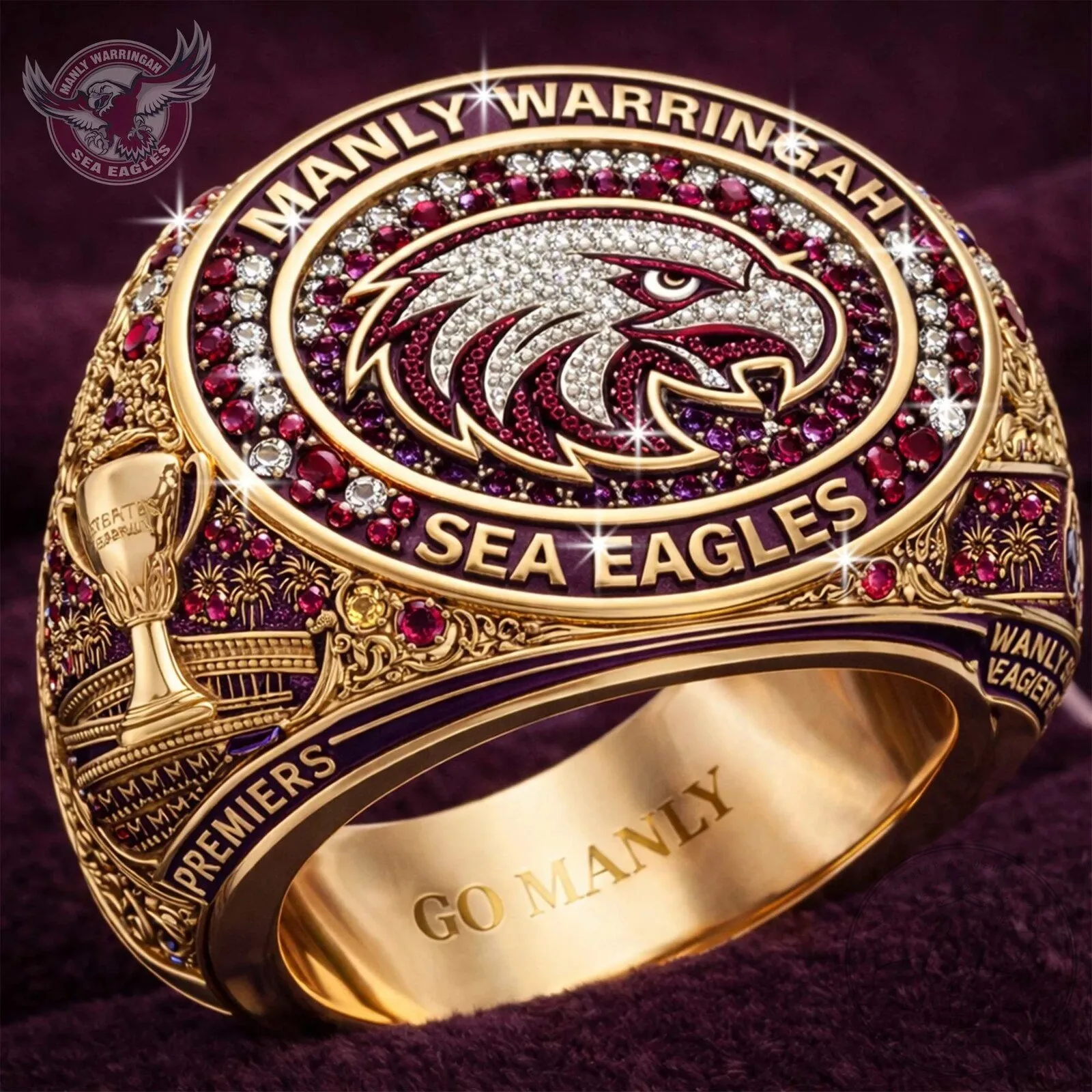 Manly Warringah Sea Eagles Premiers Championship Ring with Ruby Gemstones