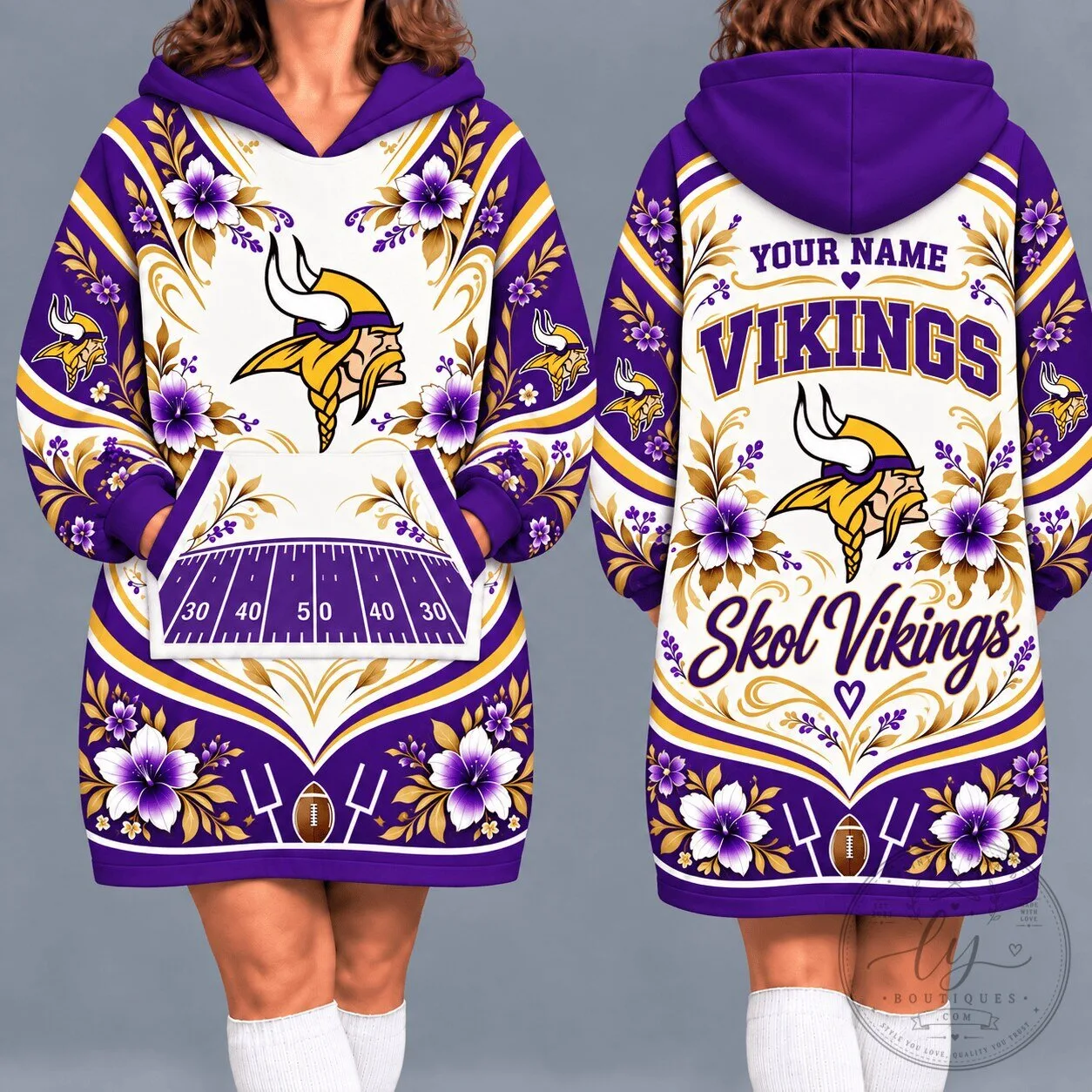 Minnesota Vikings Floral Skol Vikings Personalized Oversized Hoodie Blanket