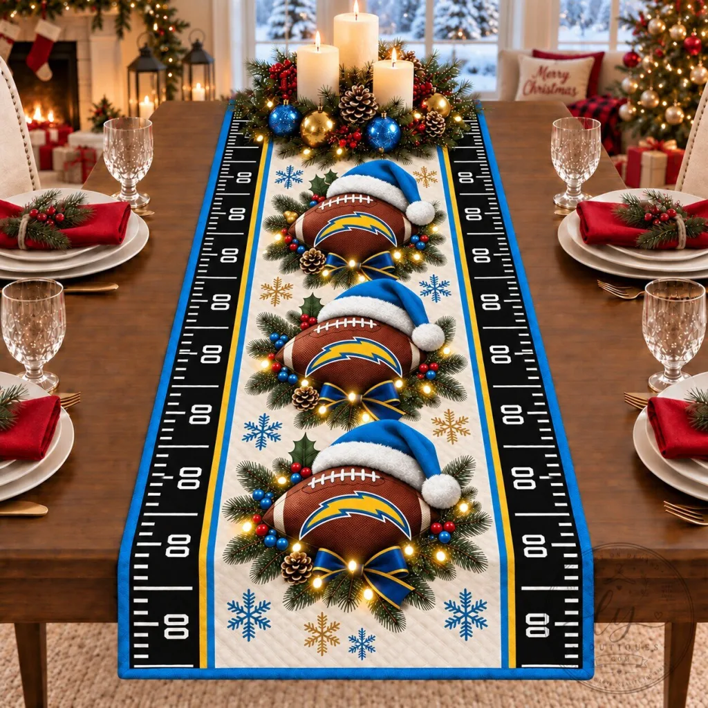 Los Angeles Chargers Christmas Football Holiday Table Runner Decoration Los Angeles Chargers Christmas Football Holiday Table Runner Decoration