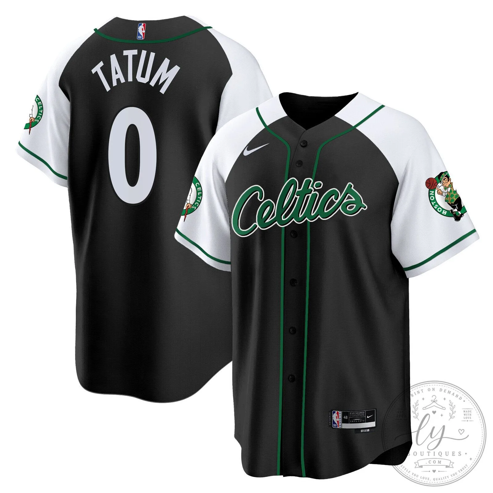 Jayson Tatum Boston Celtics Black Baseball Jersey with White Sleeves