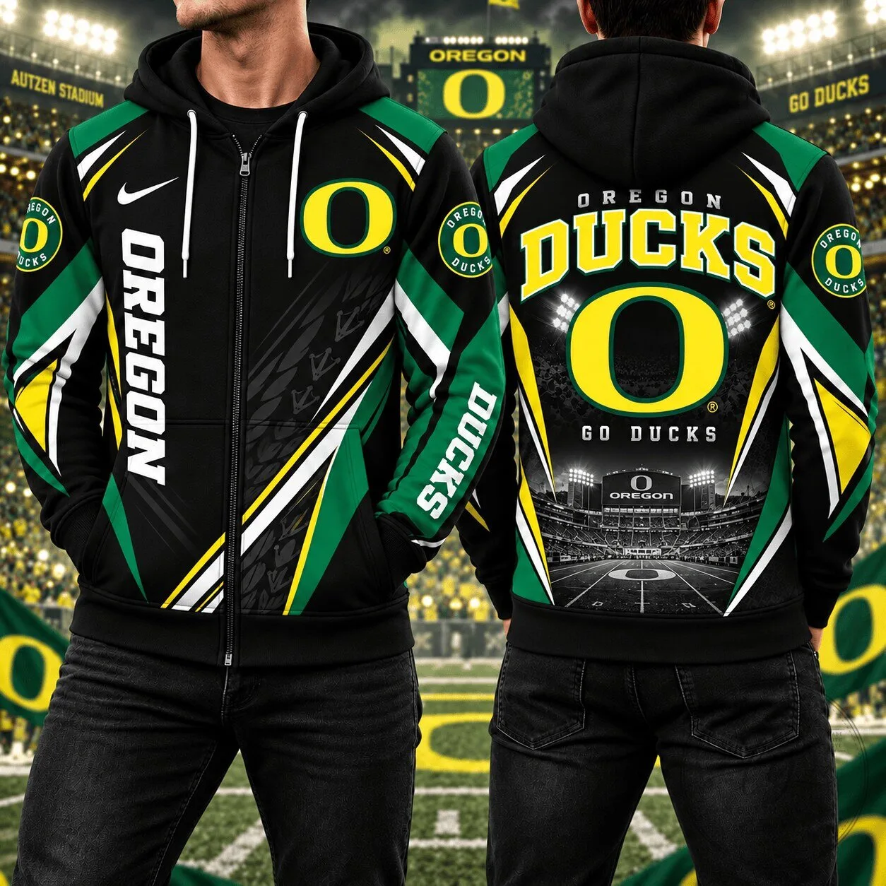 Oregon Ducks NCAA Football Team Black and Green Full Zip Hoodie