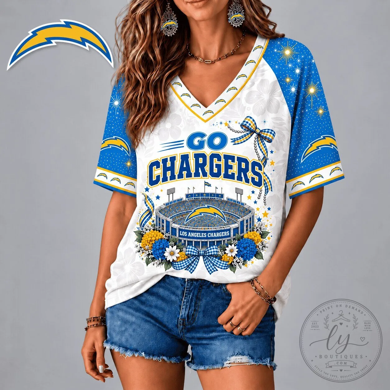 Los Angeles Chargers NFL Patriotic Floral Stadium V-Neck T-Shirt