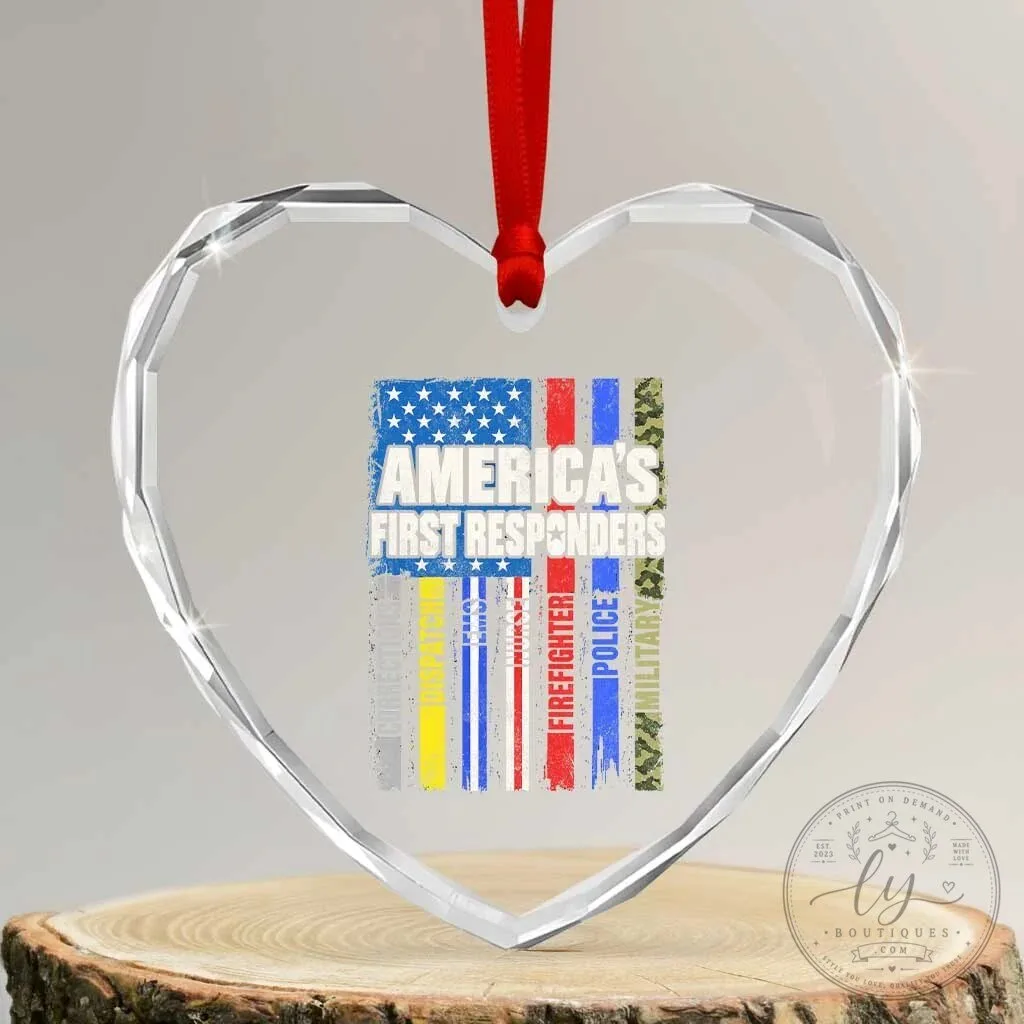 America's First Responders Heart Crystal Glass Christmas Ornament