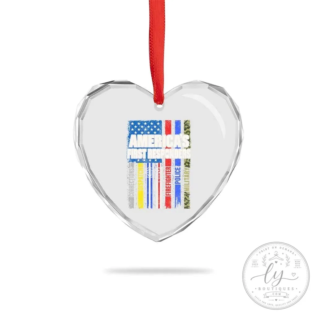 America's First Responders Heart Crystal Glass Christmas Ornament 10 America