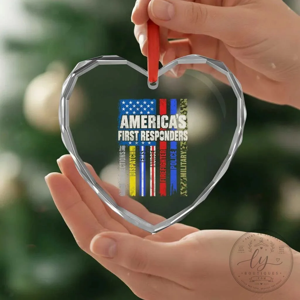 America's First Responders Heart Crystal Glass Christmas Ornament 11 America