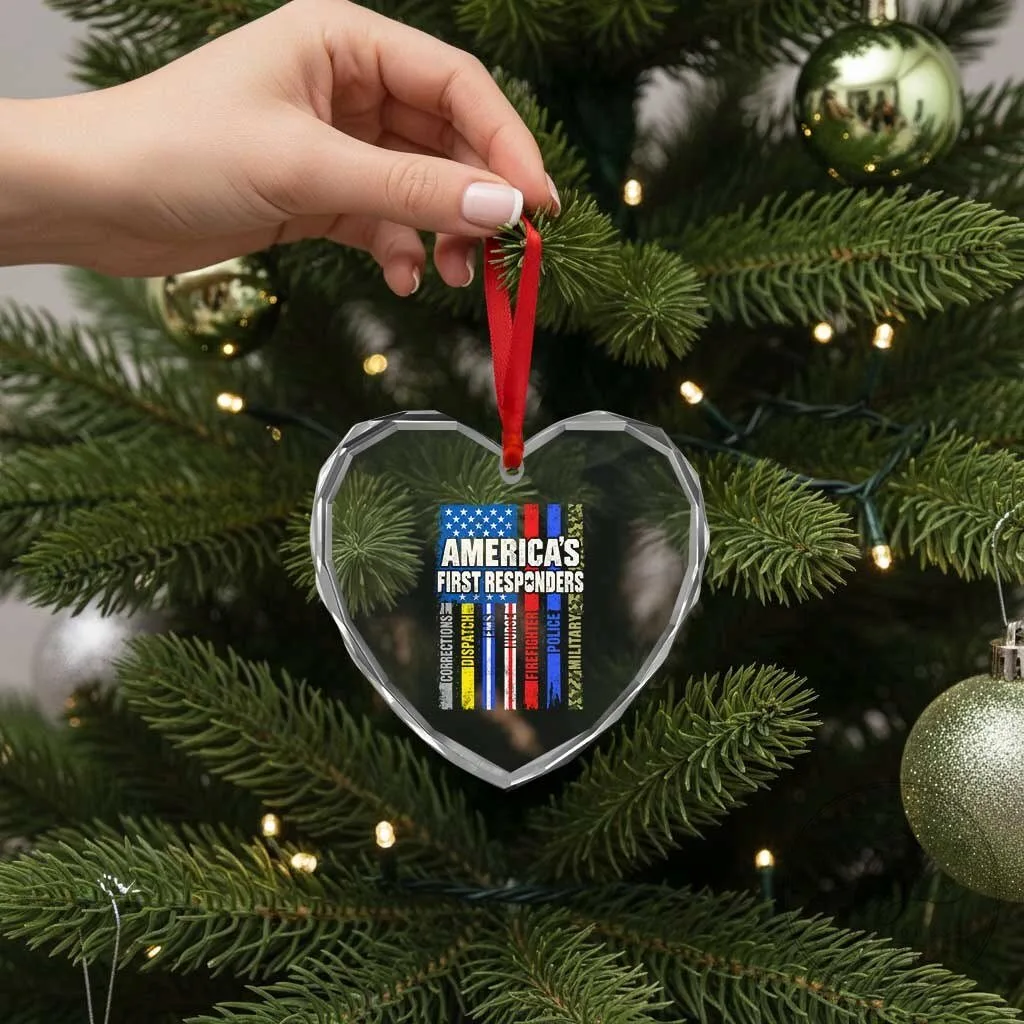 America's First Responders Heart Crystal Glass Christmas Ornament 12 America