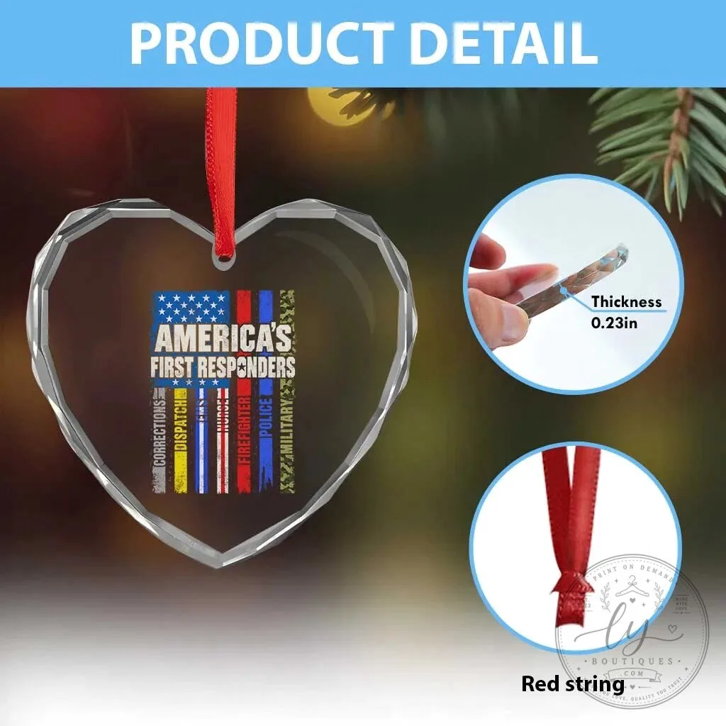 America's First Responders Heart Crystal Glass Christmas Ornament 13 America