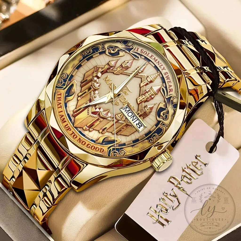 Harry Potter Hogwarts Castle Gold Luxury Quartz Watch with Day and Date Display