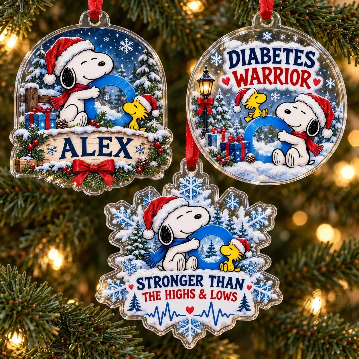 Snoopy Diabetes Awareness Christmas Ornament Set, Personalized Holiday Decor