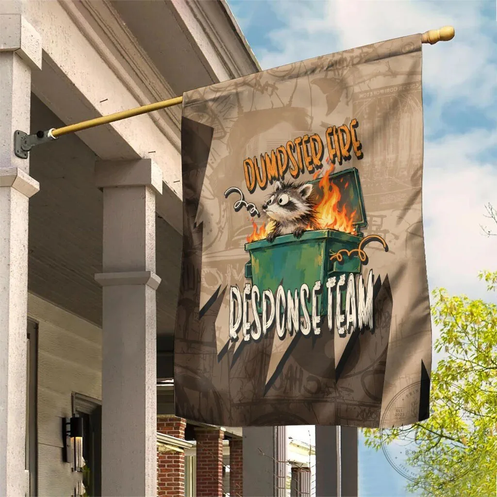 Dumpster Fire Response Team Funny Raccoon Cartoon Vintage Grunge Collage Garden Flag