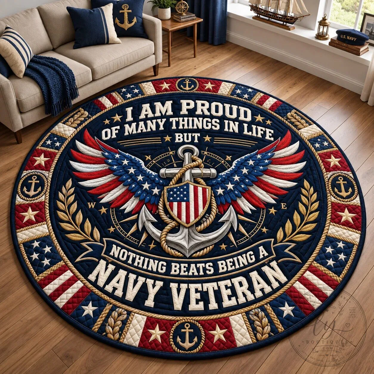 Proud United States Navy Veteran Anchor Wings Round Floor Mat