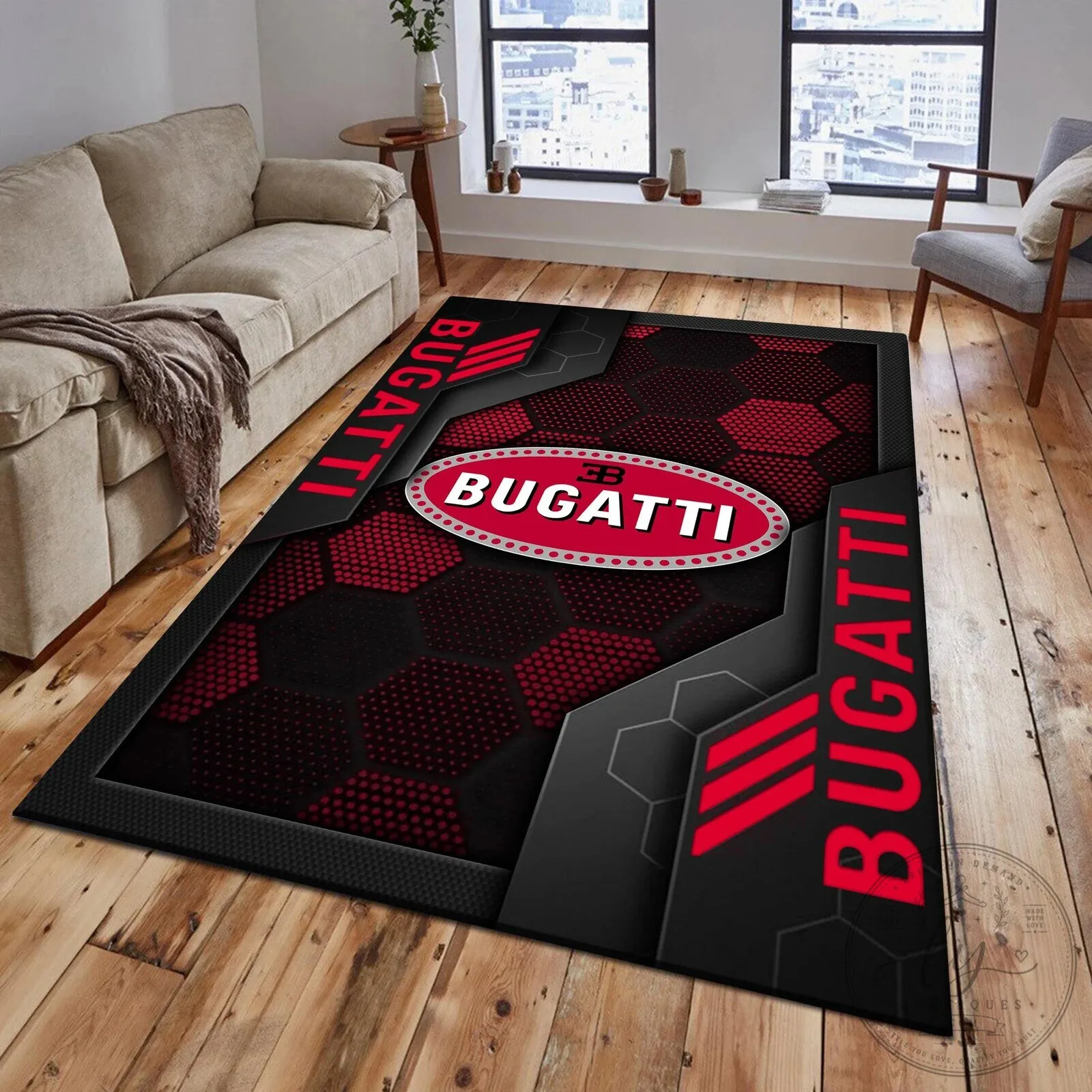 Bugatti Logo Black and Red Hexagon Pattern Area Rug