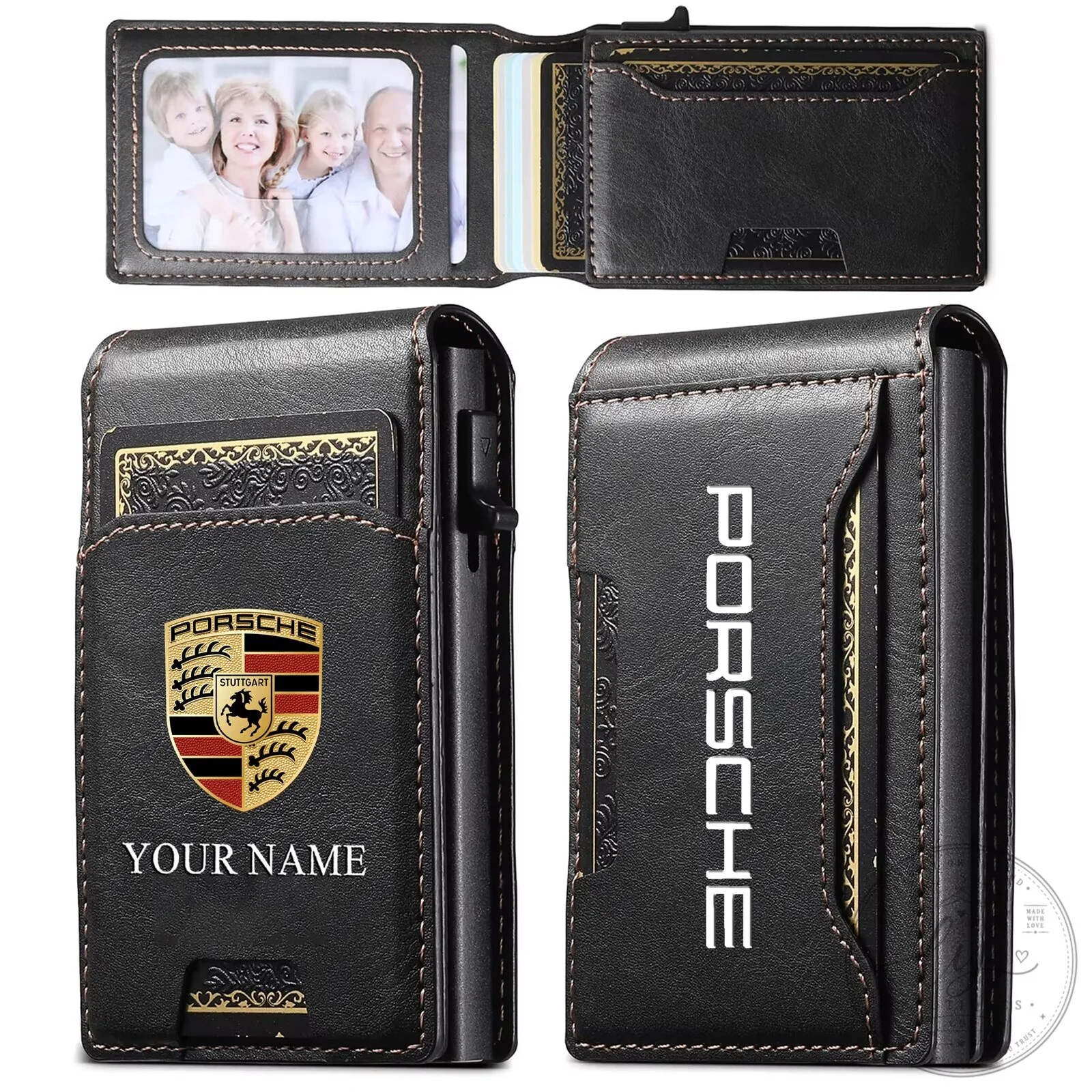 Porsche Custom Name Slim Card Holder Leather Wallet with Photo Slot 4 Porsche Custom Name Slim Card Holder Leather Wallet with Photo Slot