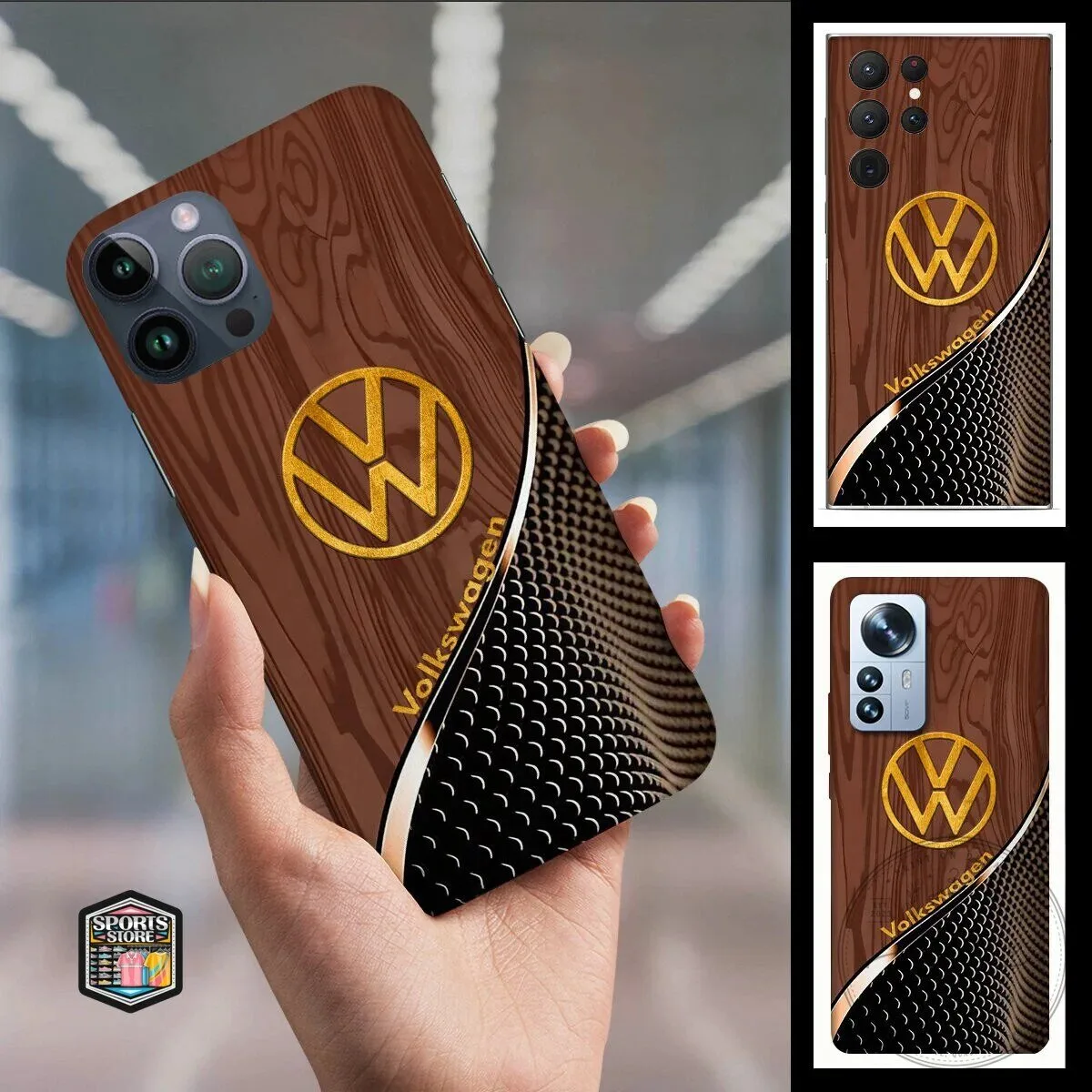 Volkswagen Golden Logo Wood Grain Texture Design Shockproof Phone Case